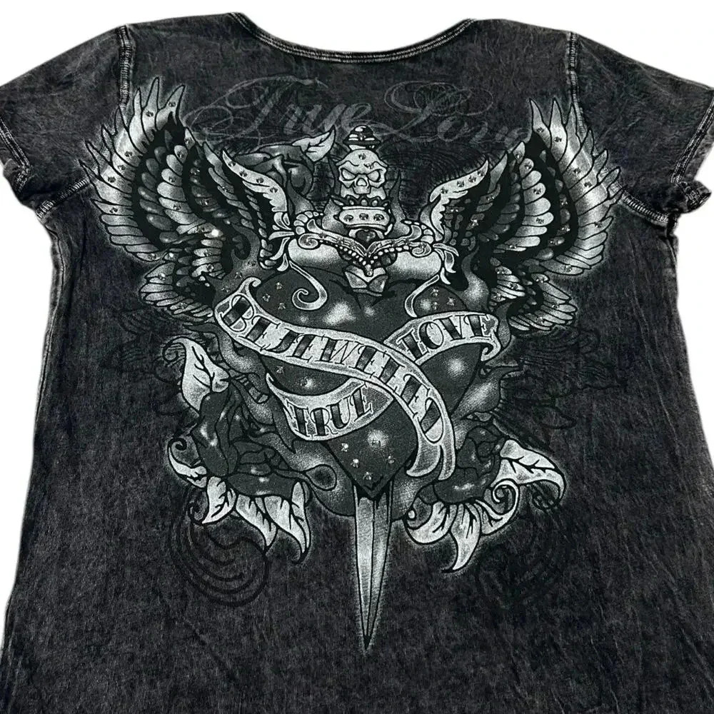 Bejeweled Y2K Crystal Embellished Tattoo Style Dagger Top - Picture 3 of 5